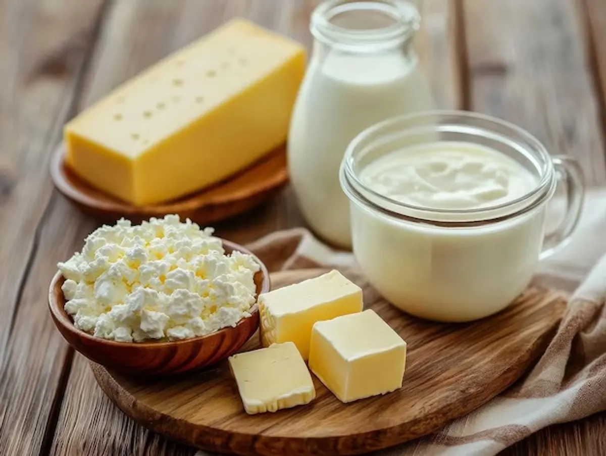Fresh A2 milk, ghee, paneer and butter from Swarg Food on a wooden board